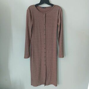 Zara Women's Dress‎ Brown Long Sleeve Button Down Ribbed Midi Size L Stretch